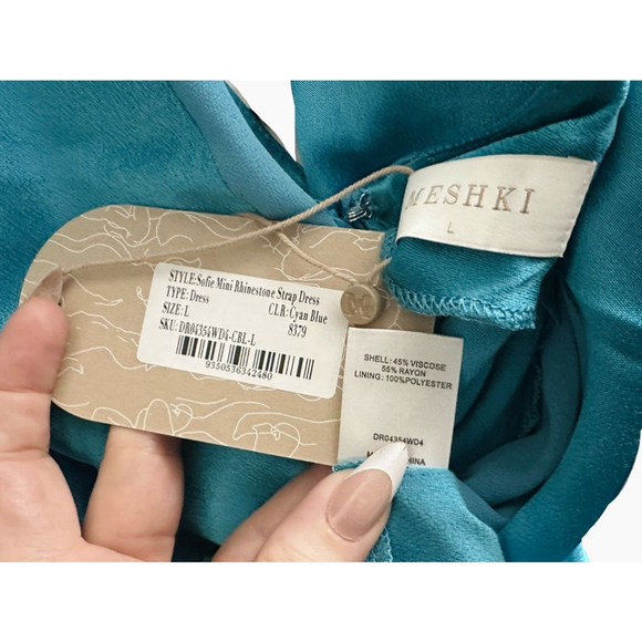 Meshki Dress Satin Cyan Blue “Sofie” Mini Rhinestone Strap Size Large NWT - Picture 11 of 11